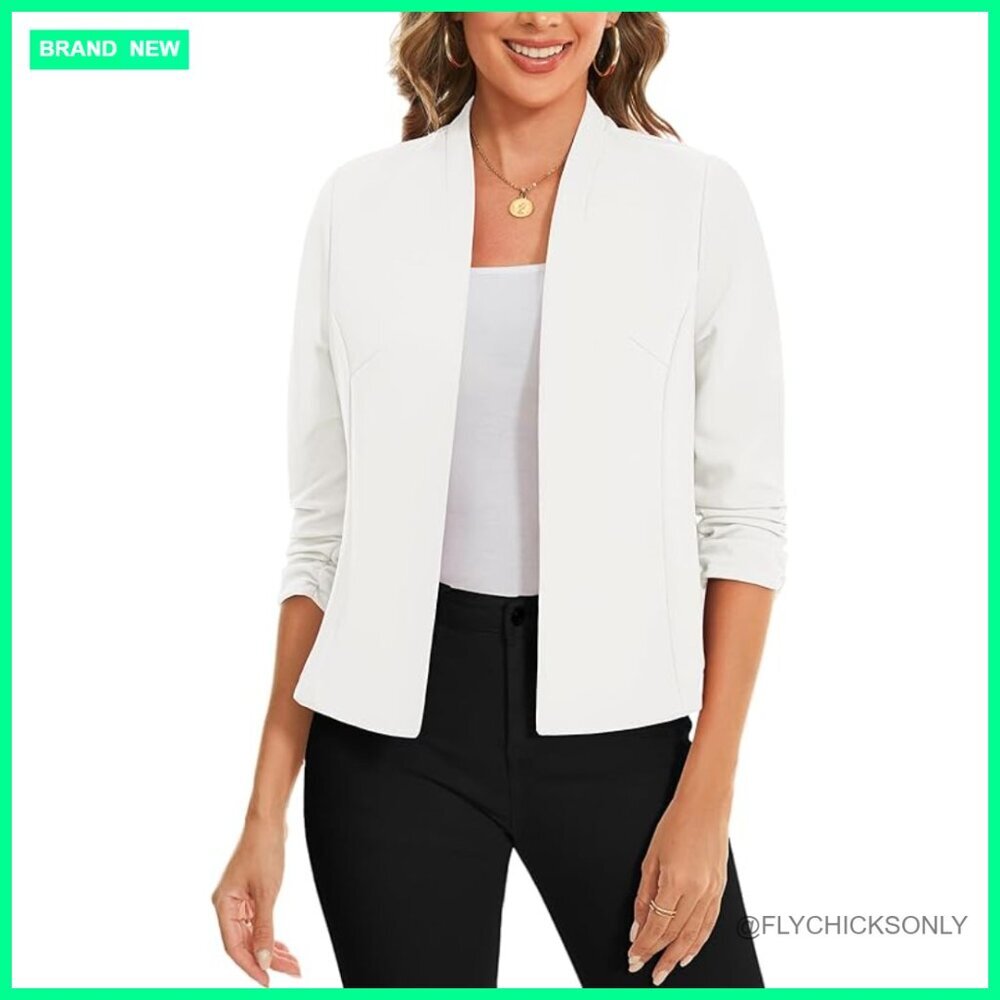 Collarless Blazer 3/4 Sleeve Open Front Business Casual Jacket